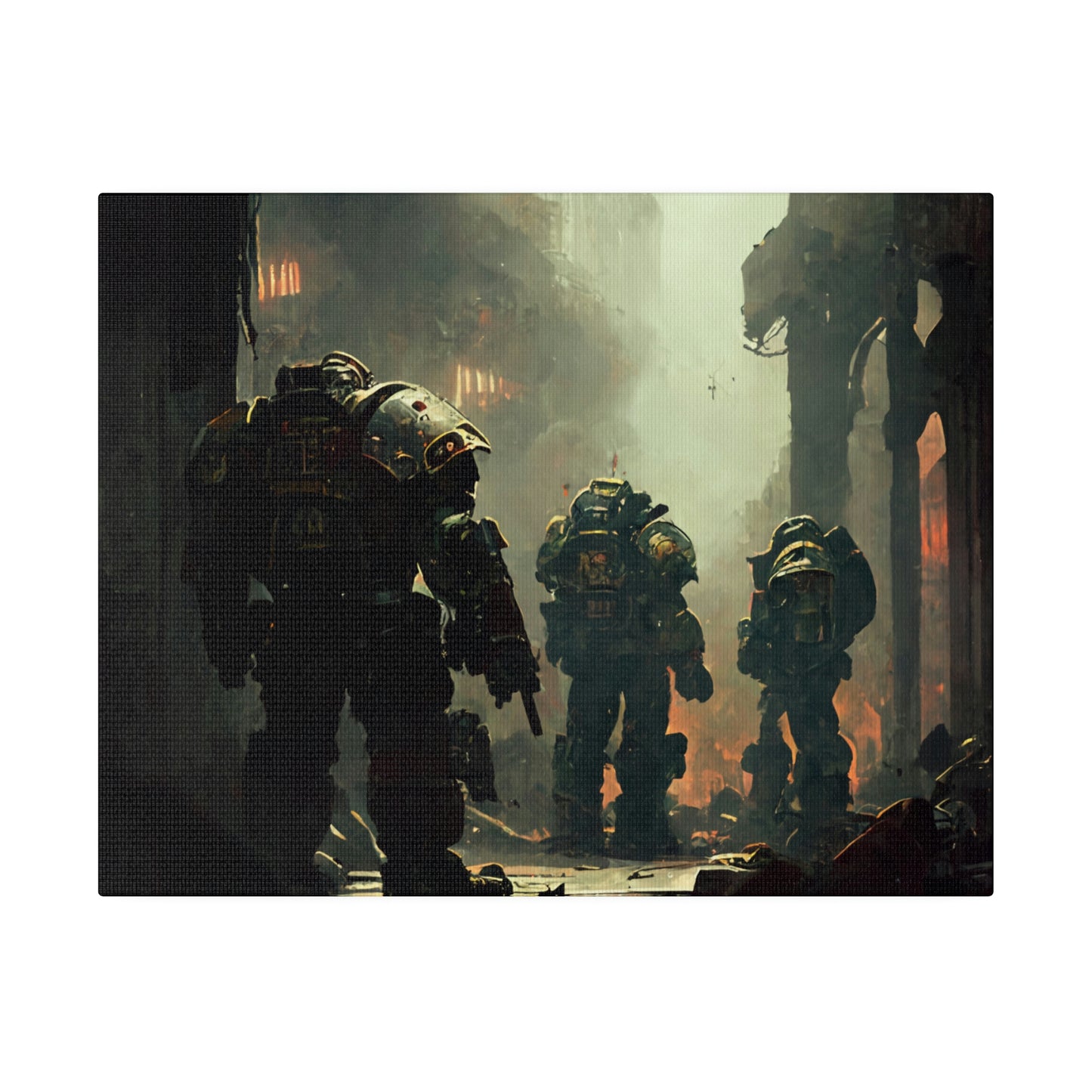 Space Marines Squad Examining the Destruction After Battle