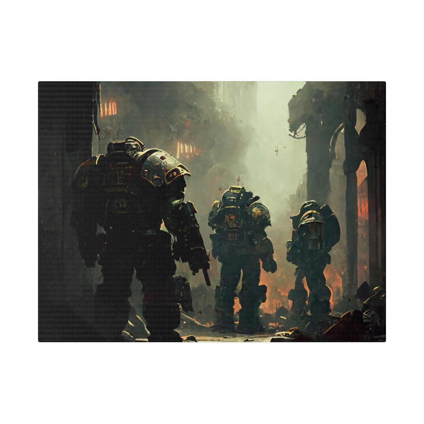 Space Marines Squad Examining the Destruction After Battle